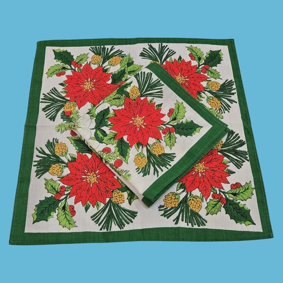 Vintage Floral Poinsettia Holiday Christmas Square Cloth Napkins MCM Set of Two - Picture 3 of 13